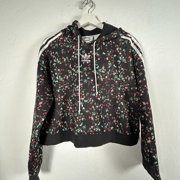 Adidas Womens Floral Hoodie Crop Sweatshirt Size Small Black Multicolor Pullover - Picture 1 of 8